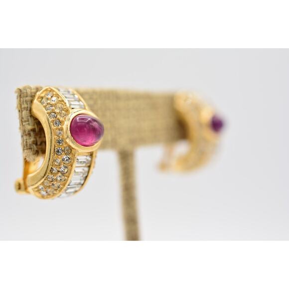 Christian Dior Vintage Cabochon Clip On Earrings Baguette Crystal Signed BinAO - Picture 4 of 12